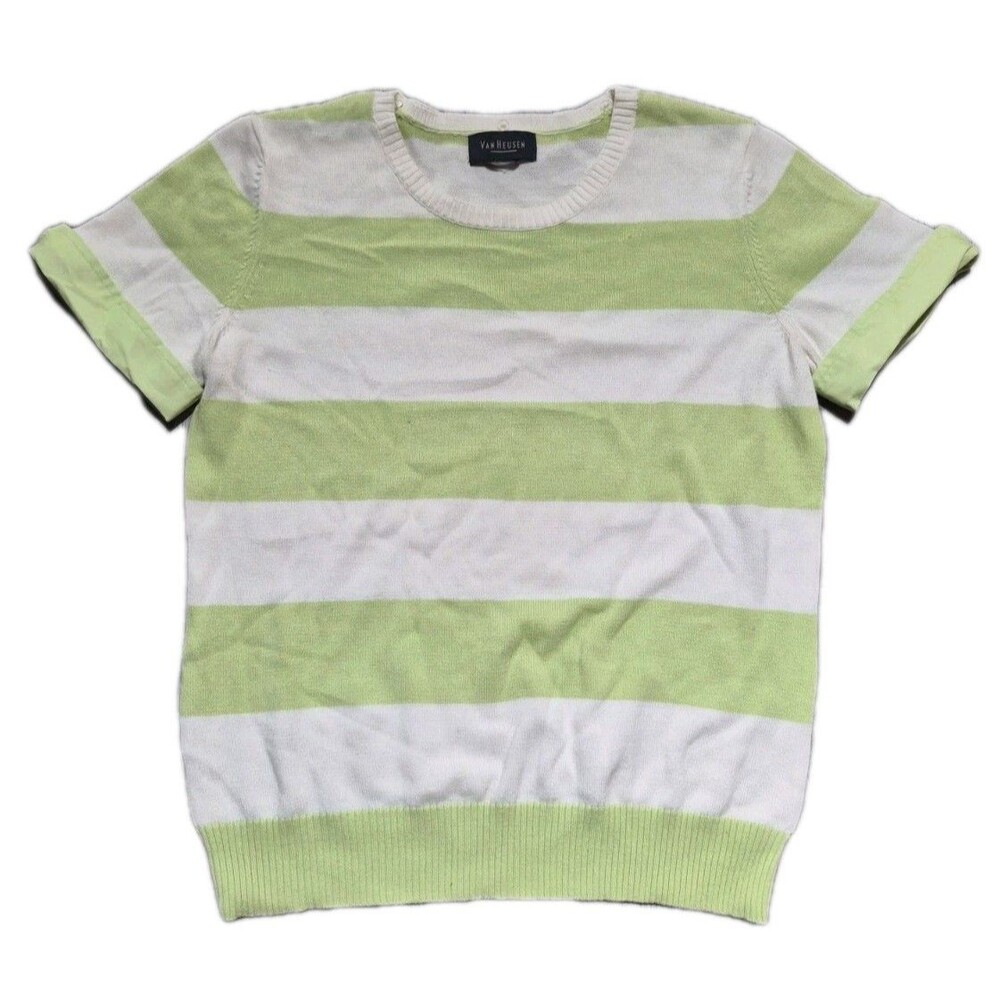 Van Heusen Womens Striped Short Sleeve Sweater Cotton Lime Green And White Read